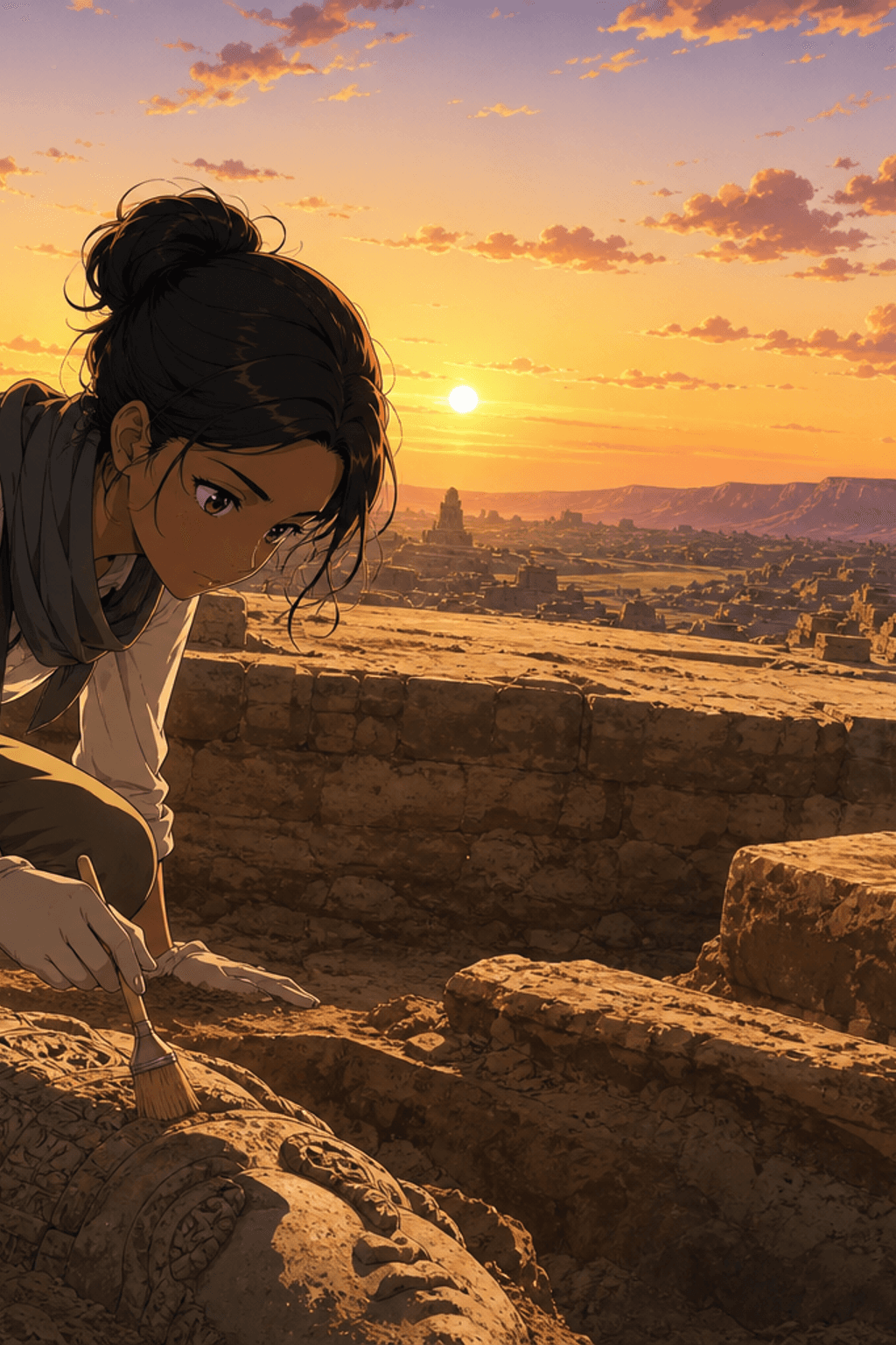 A young archaeologist carefully brushing soil from an artefact at an excavation site.