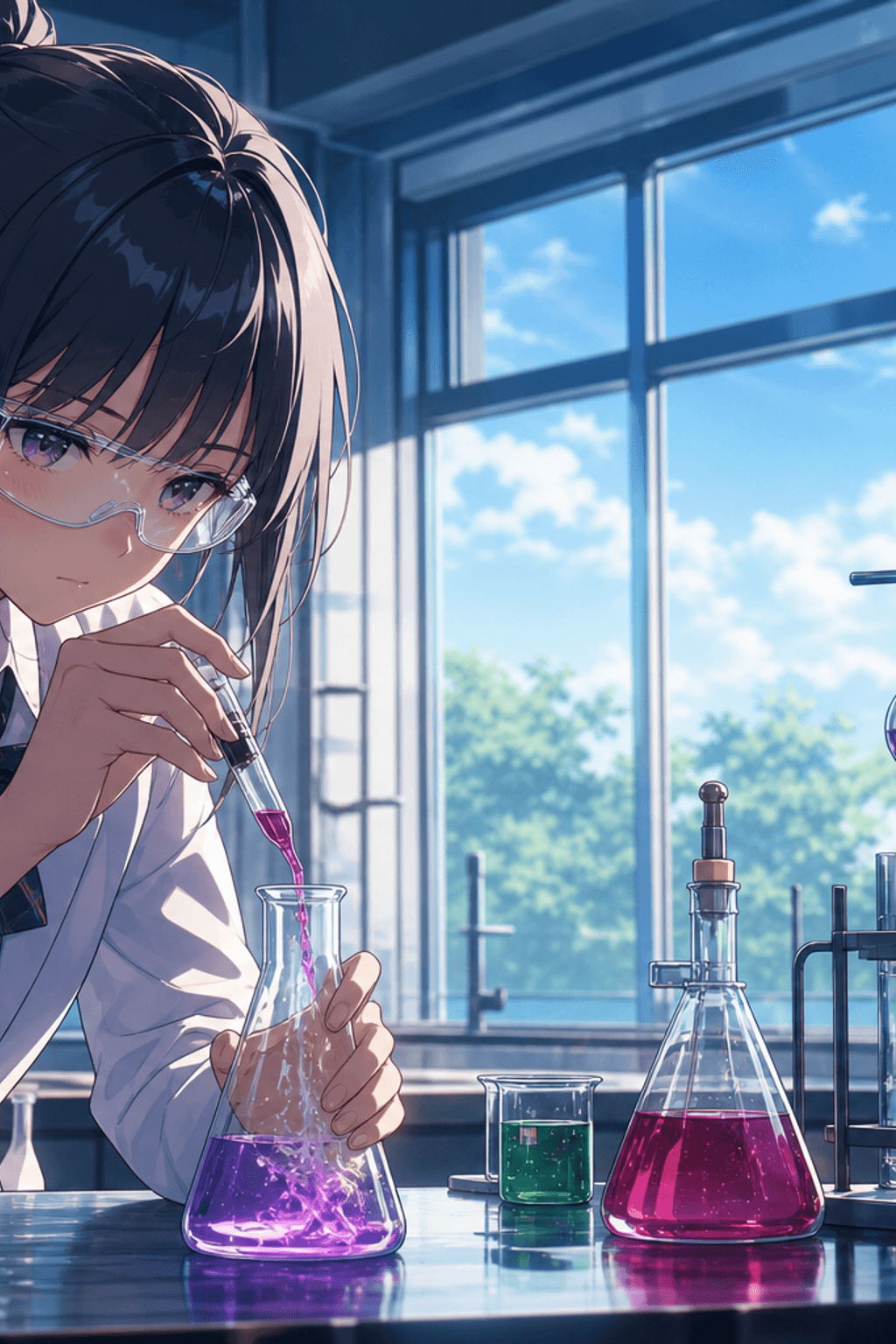 A teenager in safety goggles running a colour-change reaction at a real chemistry bench.