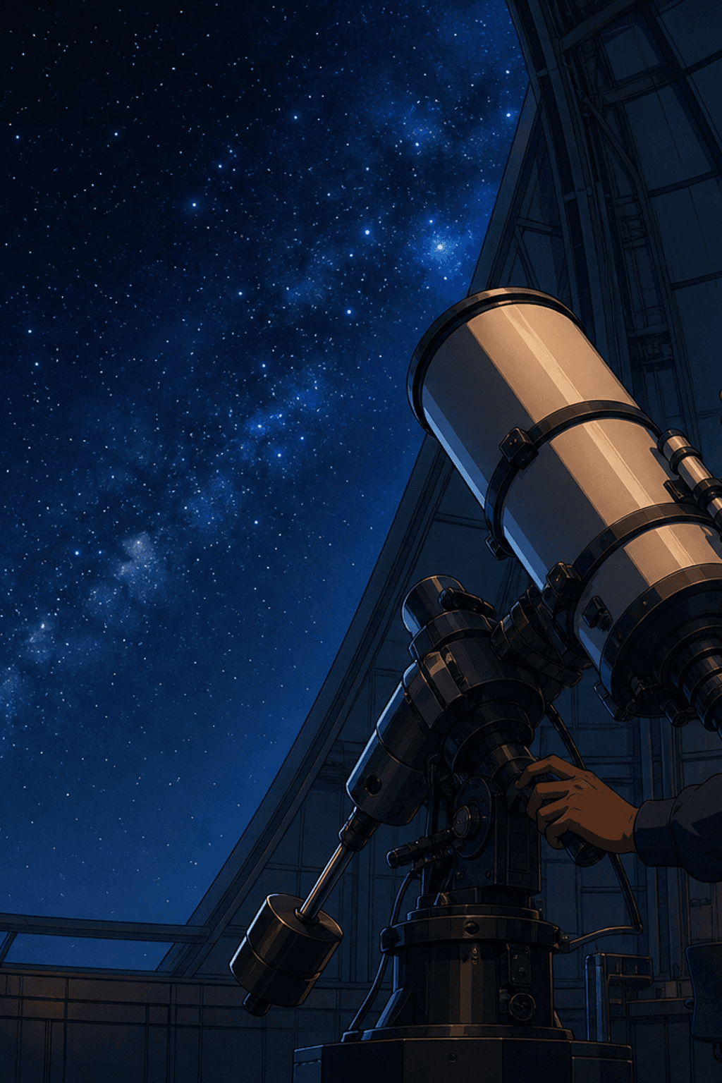 A young astronomer at a large telescope inside an open observatory dome under a deep starlit sky.