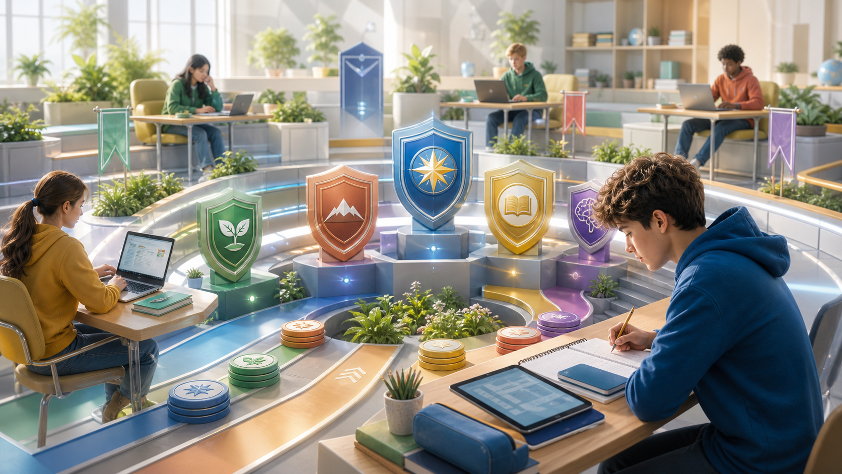 A bright Koydo learning arena with friendly progress tiers and study tokens